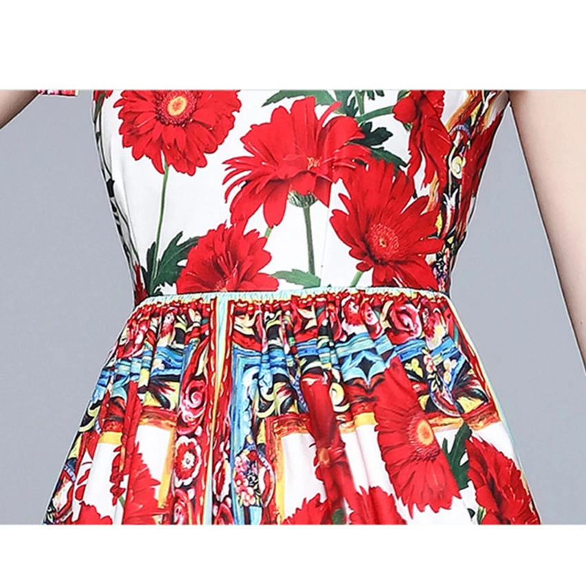 

Summer Spaghetti Strap Dress Women Sleeveless Red Floral Print Holiday Beach Dresses Ladies Elegant Dresses Party Robe Femme