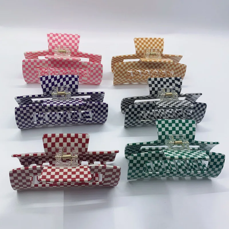 Зажимы для волос женские акриловые крупные в клетку с мозаикой |