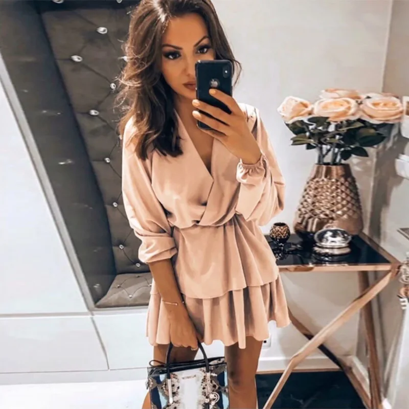 

Sexy Fashion Deep V-neck Robe A-Line Dress With Draped Women Long Sleeve Mini Party Dress Solid Color 2020 New Arrival Autumn