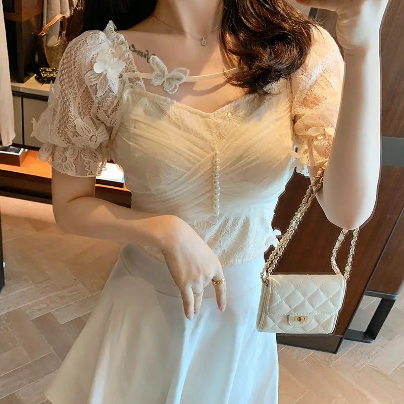 2021 New Summer Women Blouses Casual Short Sleeve Guaze Beading Sexy Lace Shirts Fashion Elegant Office Lady Tops Clothing