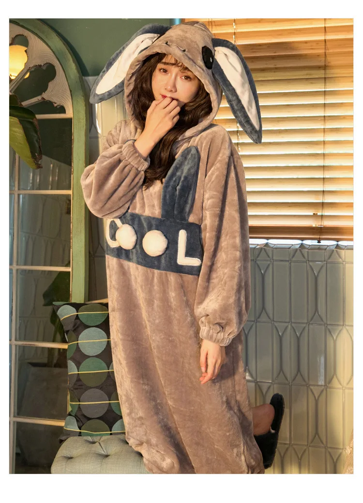 Winter Thick Warm Female Coral Fleece Nightdress Robe Cartoon Cute Animal Nightgown 2020 Lady dress hooded loungewear Sleepwear | Женская