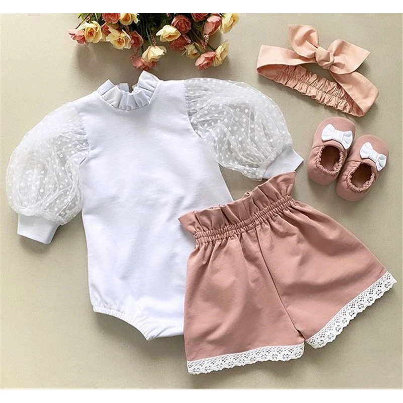 

0-24M Newborn Kid Baby Girl Clothes set Mesh Dot long Sleeve Body Top and Lace Shorts set Elegant Cute Sweet Summer Outfit