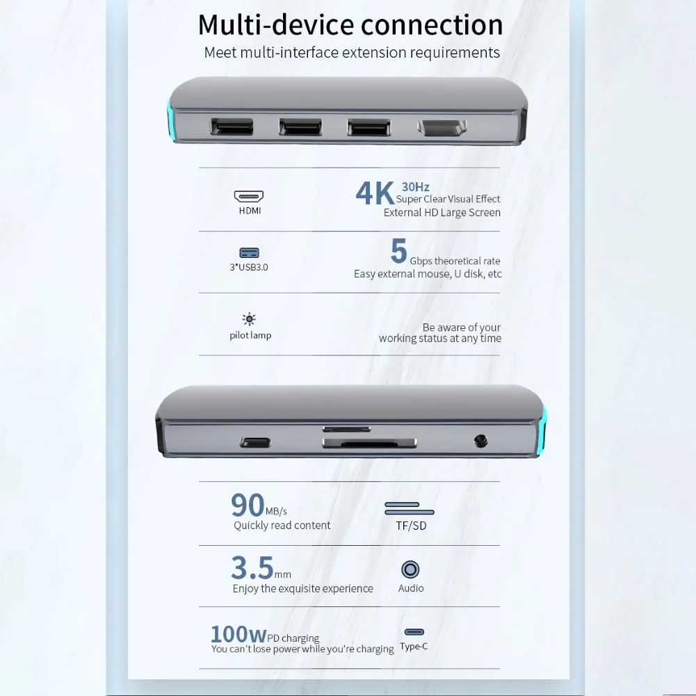 

8 in 1 Type-C to 4K HDMI-compatible Hub PD Charging TF Secure Digital Card Reader Adapter For Laptops Notebook Phone