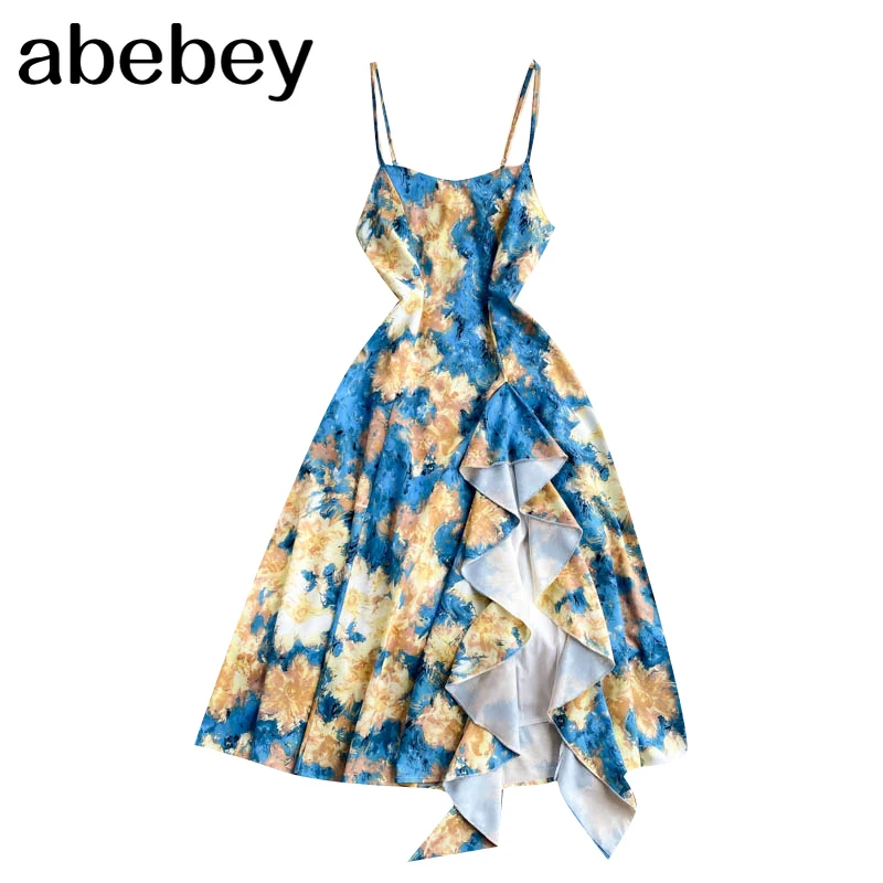 

Women Floral Strap Dress Sexy Sleeveless Backless A-line Party Dresses Summer Korean Boho Split Ruffles Beach Sundress