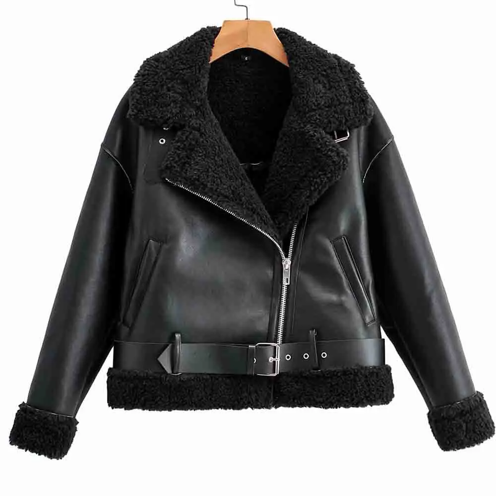 2021 Winter Thickened Locomotive Lapel Female Coat Fur Long Sleeved Loose Belt Warm Women's Jacket Lamb Wool Winter PU Coat