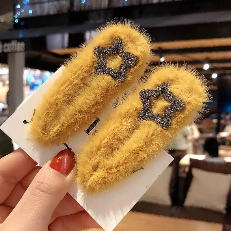 yellow Корейский зимний плюш сплошной цвет Искусственный мех шпилька пятиконечная звезда Стразы заколки для волос дети шпильки аксессуары - Цвет: yellow