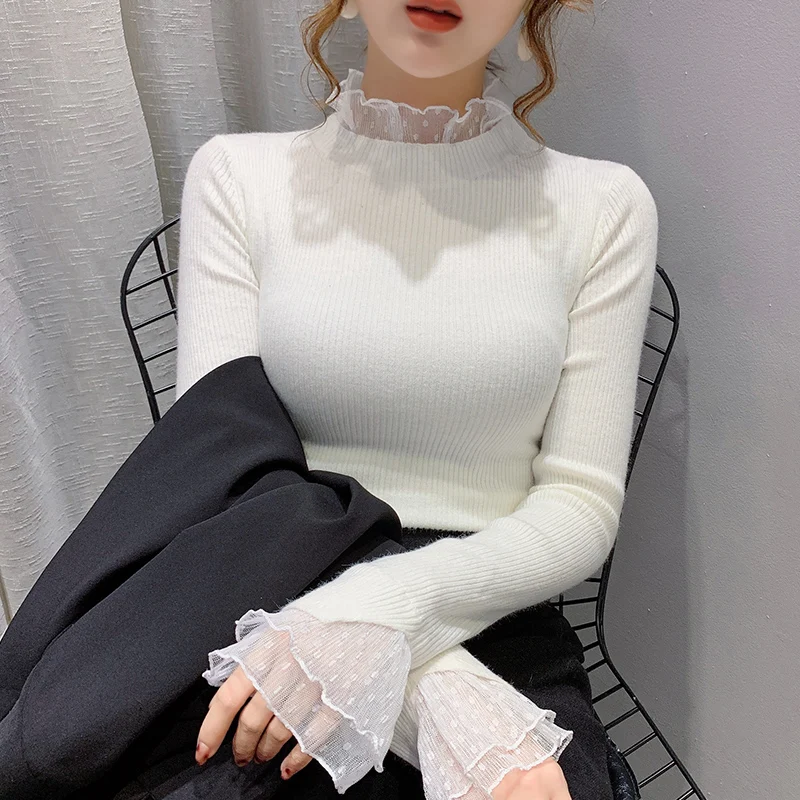 

Chikichi 2021 весна и осень новый стиль Корейская Мода Бархатная Черная кружевная трикотажная рубашка с полувысоким воротником для дам