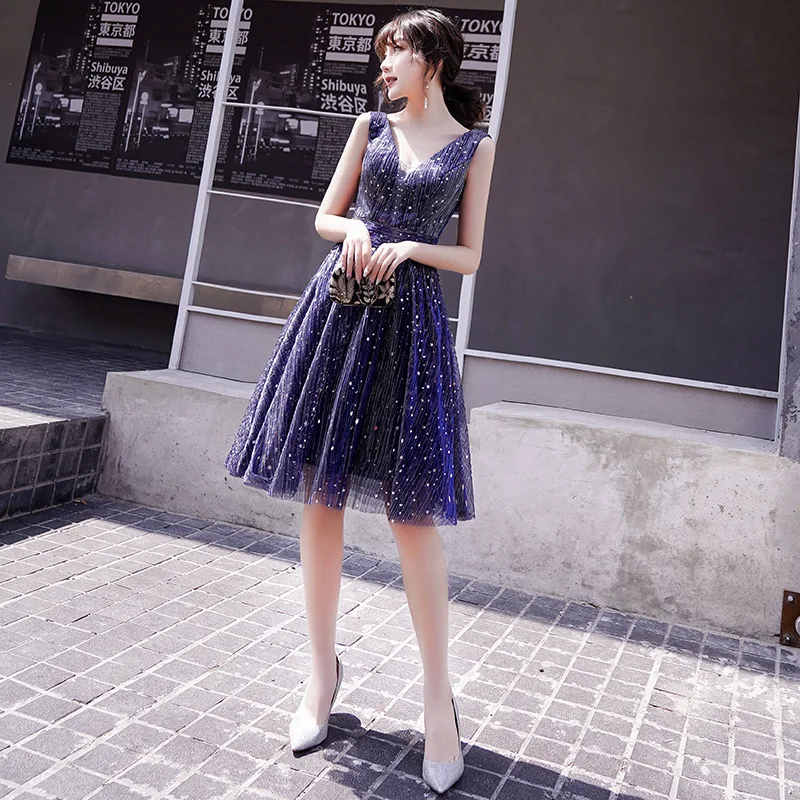 

Blue Sexy Backless Sleeveless Banquet Gown Women Elegant Square Collar Evening Party Dress Exquisite Sequins Trim A-Line Dresses