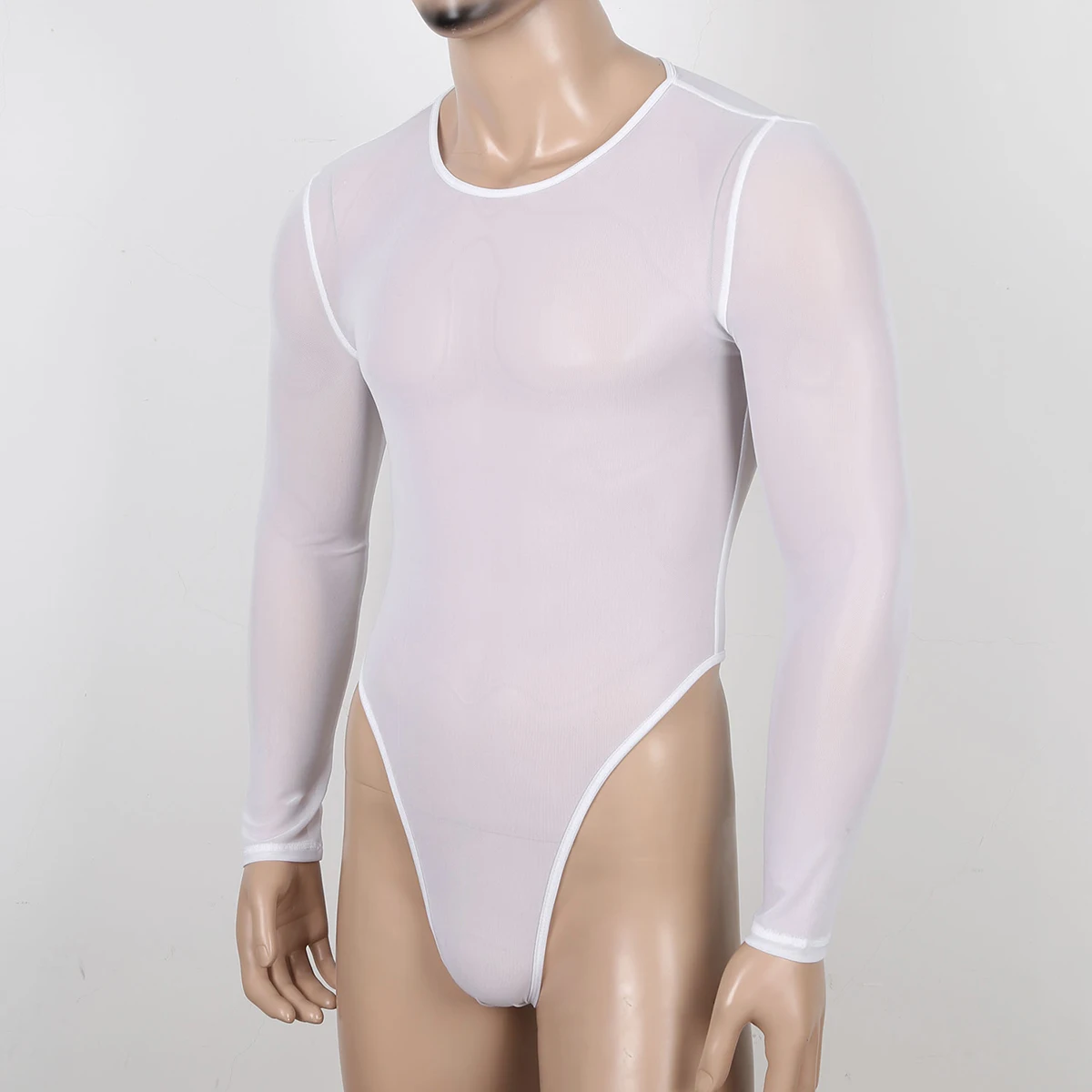 

Gay Mens Exotic Costumes Transparent Teddies See-Through Mesh Bodysuit Sleepwear Long Sleeve High Cut Zipper Slim Fit Rompers