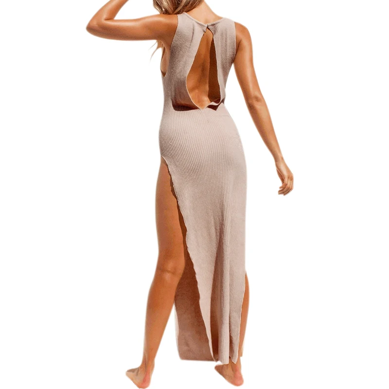 

VICABO Plus Size Women Black Derss High Split Back Hollow Out Sexy Elastic Sleeveless Bodyco Elegant Knitted Midi Dresses