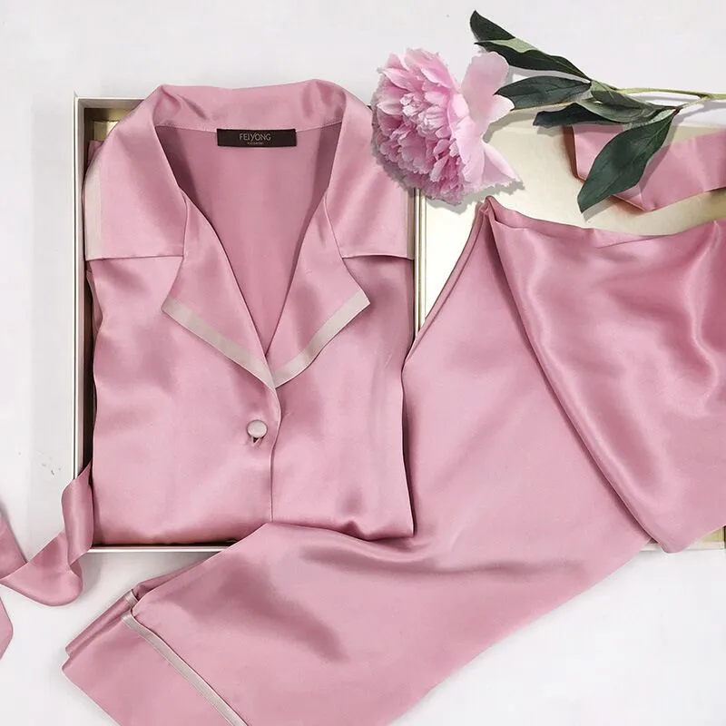 New 100% mulberry silk pajama sets women noble natural silk pyjamas femme long sleeve sexy real silk woman sleepwear