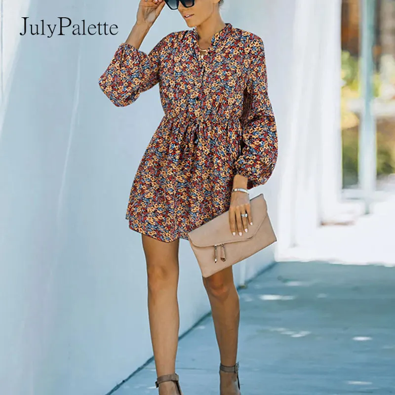 

Julypalette 2021 Autumn Woman's Floral Printed Dress Casual Loose V-neck Long Sleeve A Line Mini Dress Vintagehighwaist Dress