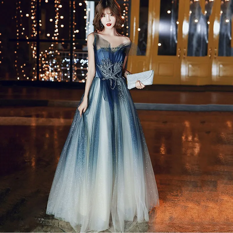 

Strapless Sexy Off Shoulder Princess Dress Blue-White Gradients Cheongsam Luxury Bling Sequins Vestidos Retro Banquet Dresses