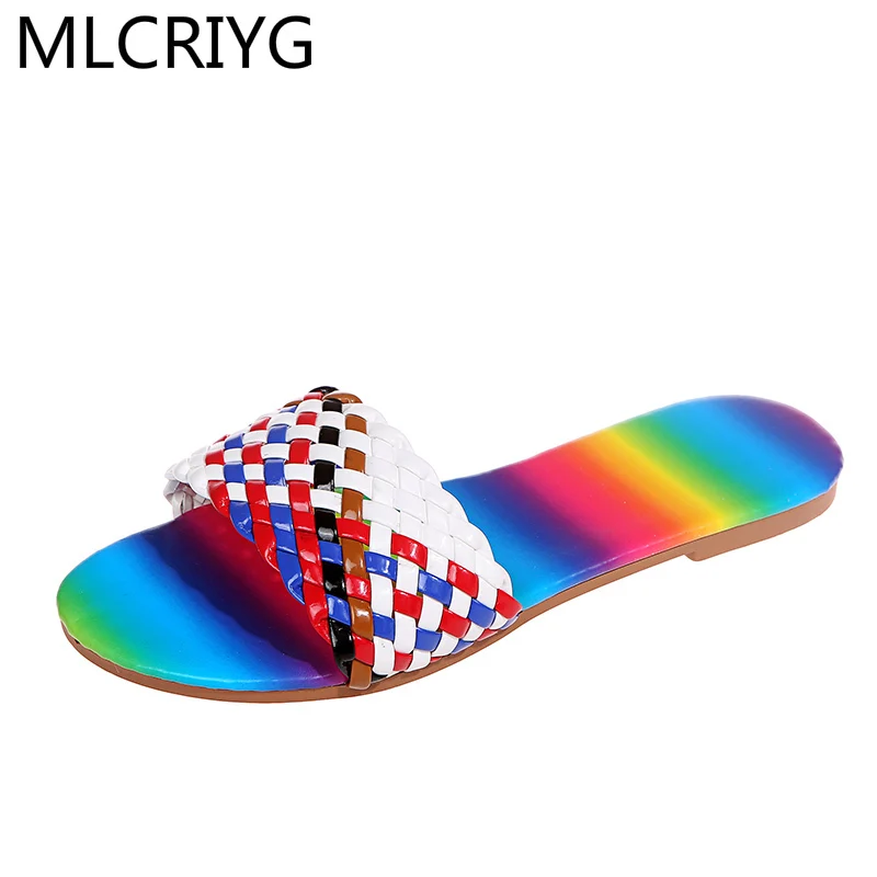 

2021 Summer Color Matching Women's Slippers Sandals Comfortable Non-slip Flat Women's Shoes Woven Sandals Beach Shoes Woman