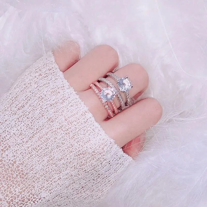 Европейская мода Круглый AAA кубический циркон кольцо двойной круг набор женщин