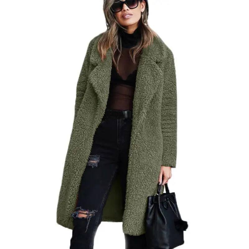 

Women Teddy Bear Fleece Trench Coat Winter Warm Lapel Jacket Outwear Overcoat Plus Size