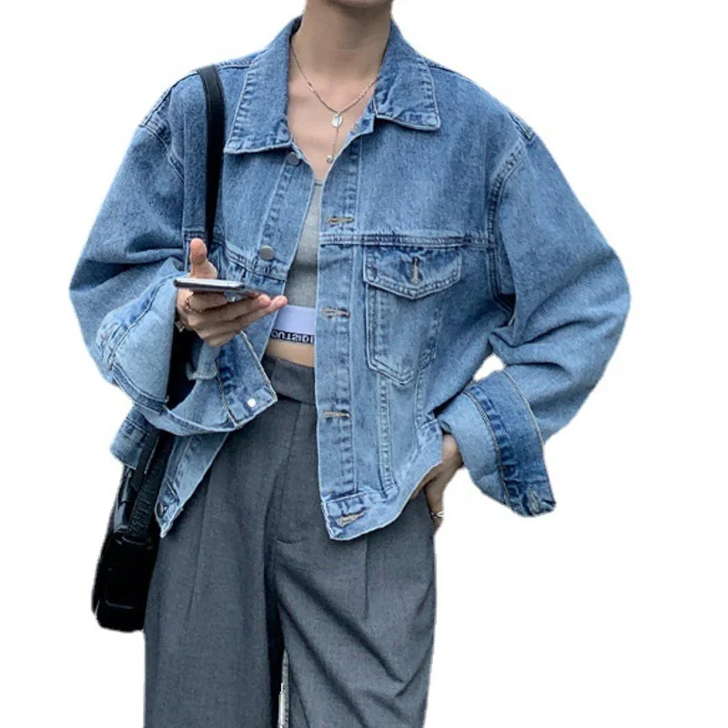 

2021 осень зима Y2k укороченный синий джинсовый топ Лоскутная куртка женская Свободная куртка Женское пальто корейский длинный рукав Повседне...