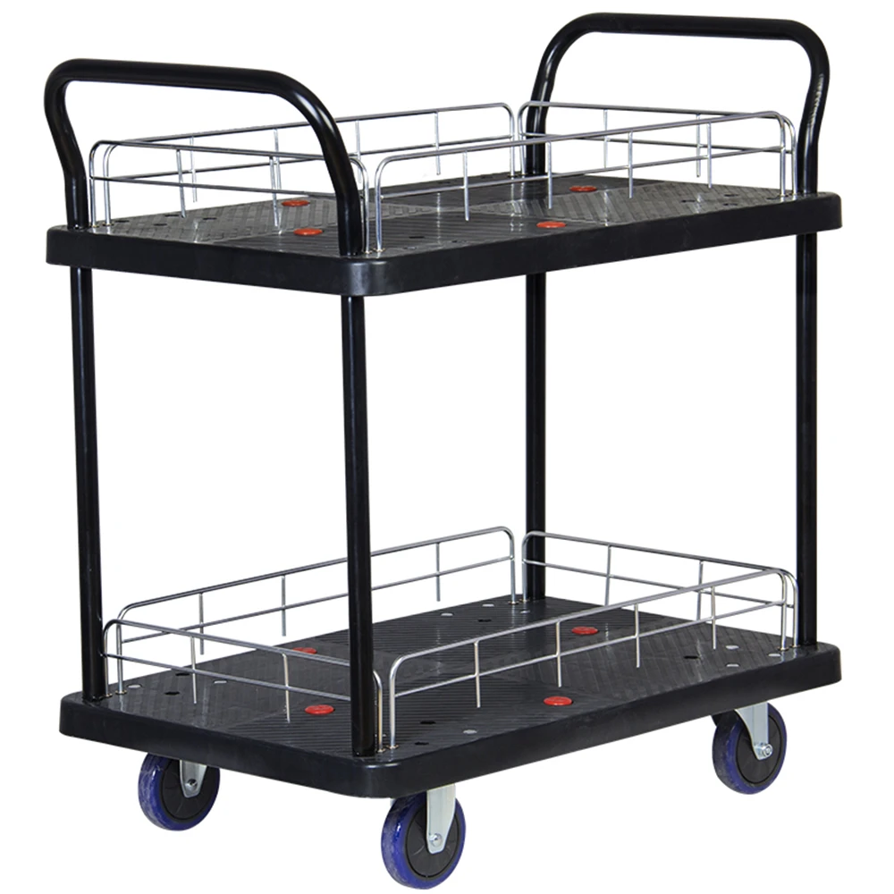 

Hand Pull Heavy Cart Flatbed Double Handrail with Guardrail Large Trolley Warehouse Truck Tool Cart Two-Layers Full Silence