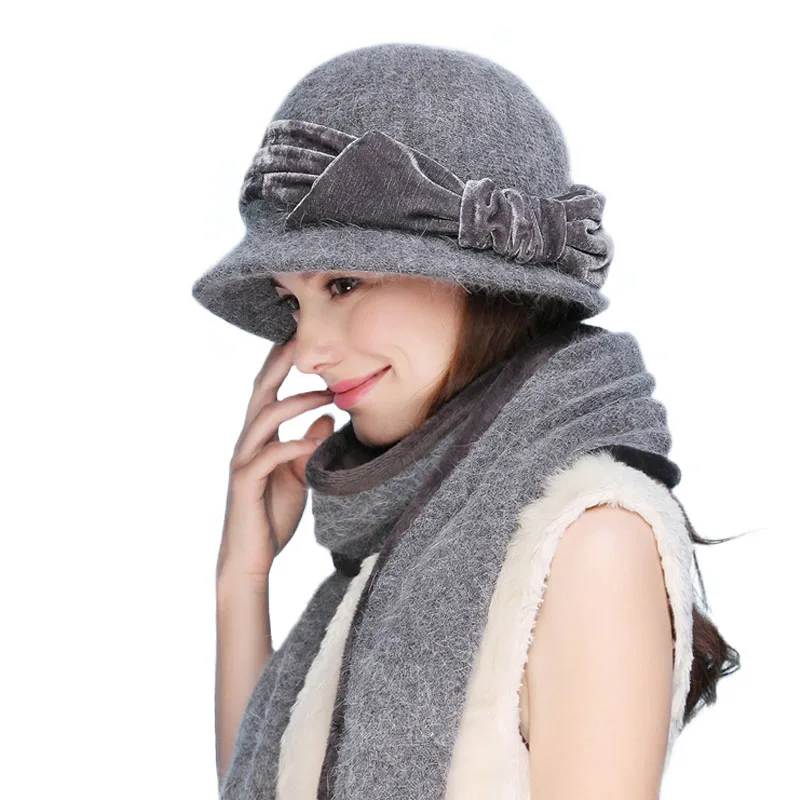 Gray Suits Для женщин шерсти кроличий мех трикотажная шапка Федора модные Винтаж шляпа с широкими полями Женская зимняя обувь Шапки вырезом теплая шапка с шарфом - Цвет: Gray Suits