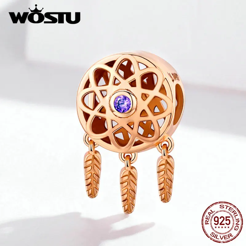 WOSTU, 925 пробы, серебряный, Ловец снов, шарм, розовое золото, бусины, подходят к оригинальному браслету, кулон, свадебные ювелирные изделия, изготовление CQC330-C
