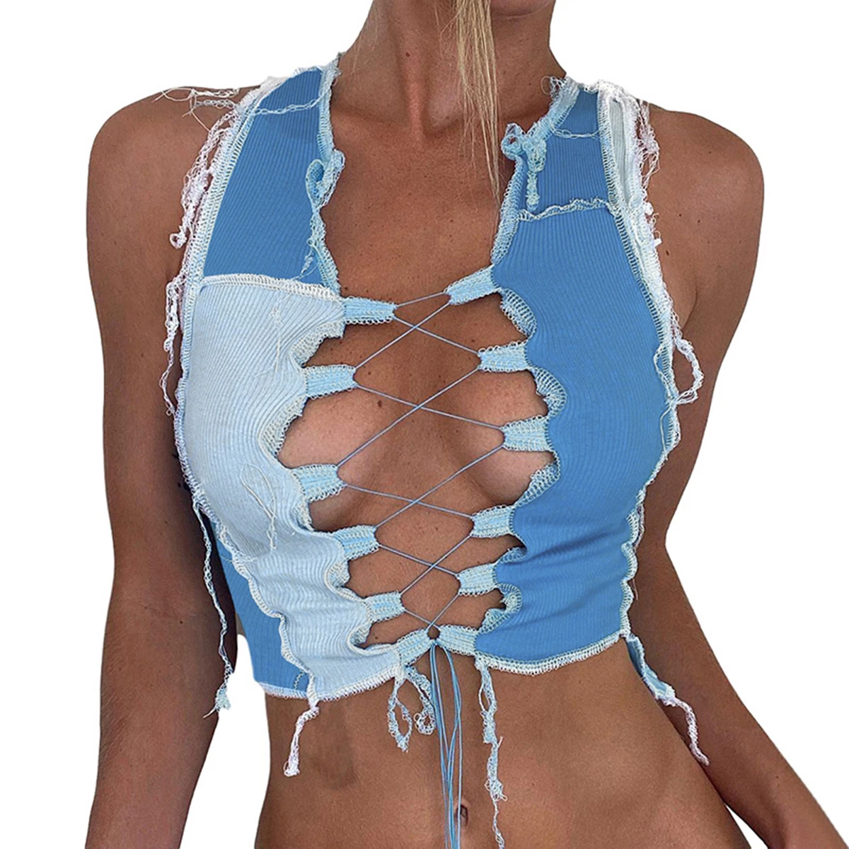 

Women’s Fashion Color Contrast Camisole Sexy Bandage Hollow Exposed Navel Slim Fit Vest Tank Top