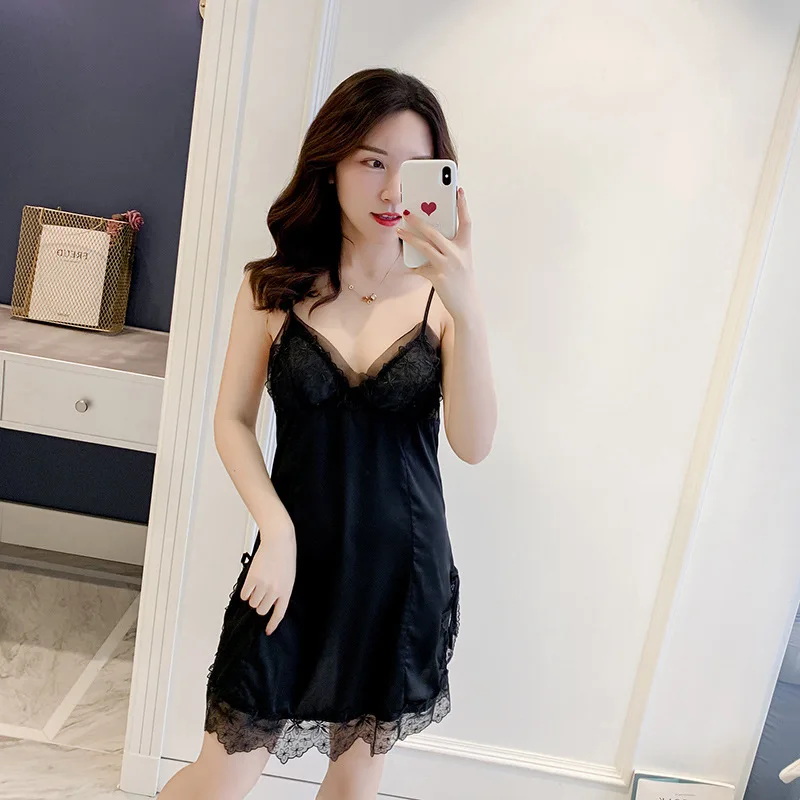 

Sexy Sleepwear Sleepdress Deep V Lace Lingerie Faux Silk Night Dress Women Spaghetti Strap Nightgown Soft Sleepwear