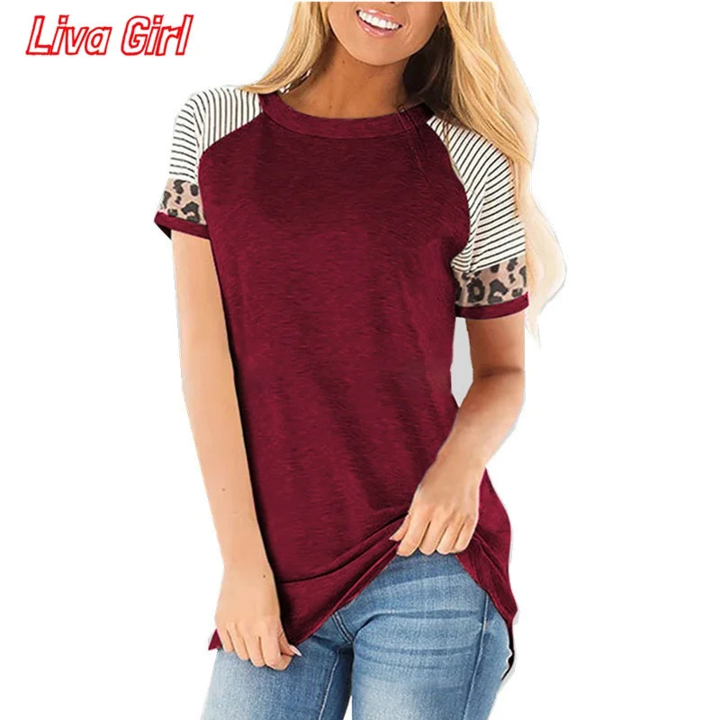 Big Size Women Clothing 2020 Summer Tops Leopard Print Casual Tee Shirt Striped Patchwork T Female O-Neck Loose |