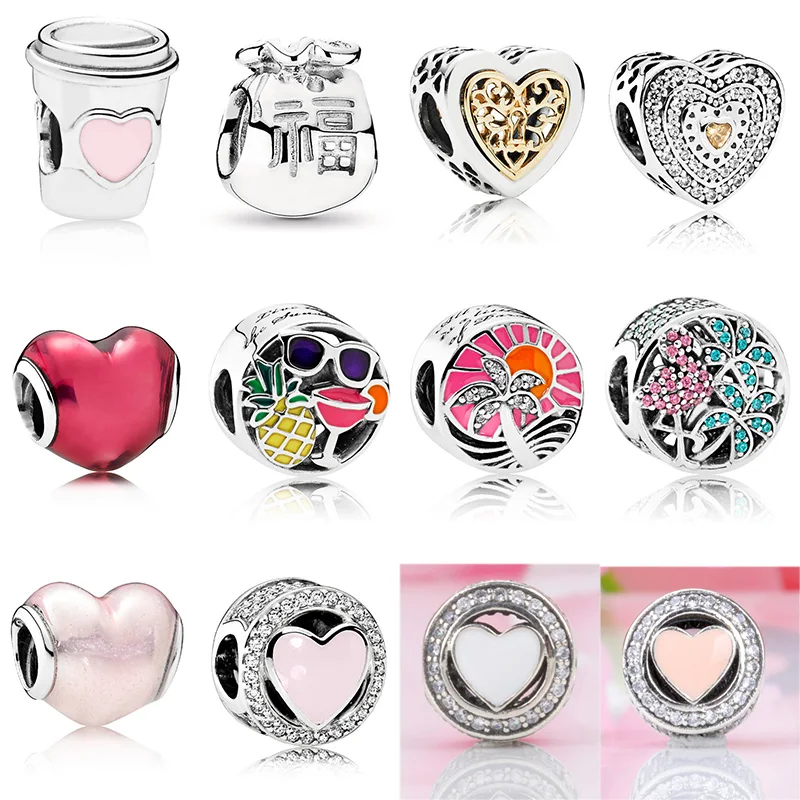 

925 Sterling Silver Pineapple Summer Love Heart Crystal Beads For Original Pandora Charms Women Bracelets & Bangles Jewelry