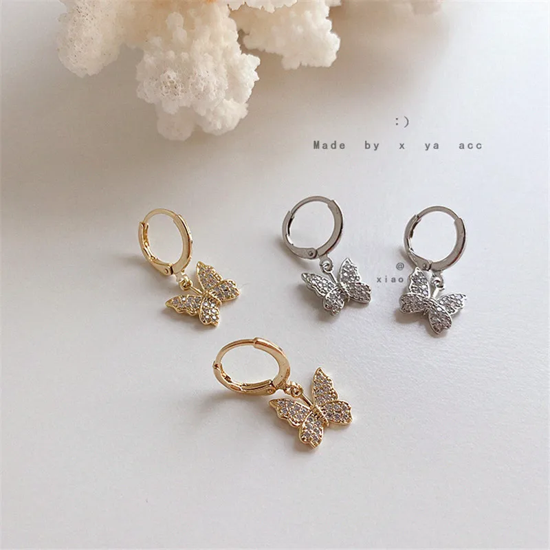 

Женские серьги-кольца с кристаллами-бабочками, модные ювелирные изделия в простом стиле, серьги с цирконием