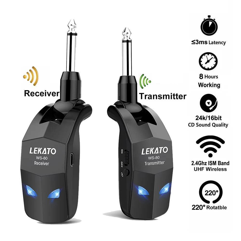 

LEKATO 2.4GHz Guitar Wireless System Transmitter Receiver Wireless Guitar Bass System Built-In Rechargeable Guitar Transmitter