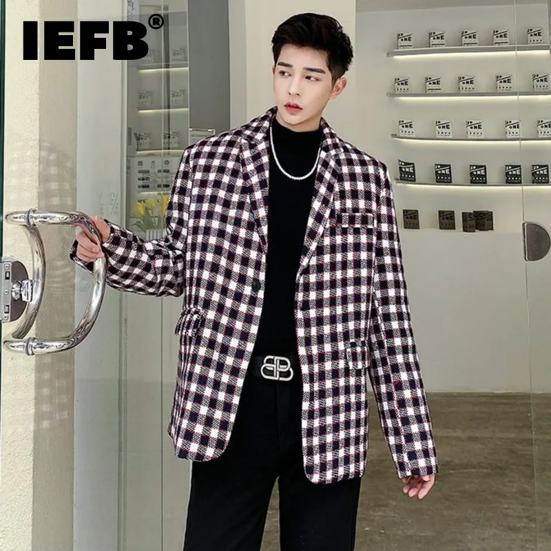 

IEFB Menswear Fashion Chic Woolen Plaid Blazers Men's New Notched Single Button Long Sleeve Suit Jacket Autumn Winter 2021 New