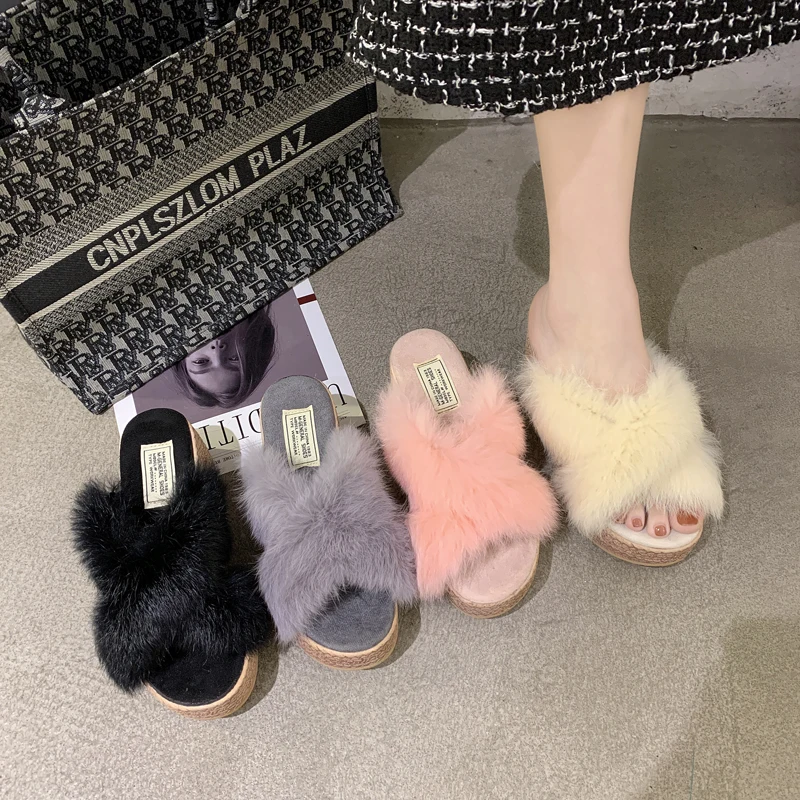 

Hot Slippers Rabbit fur cross Women Wedge Platform Flip Flops Soft Comfortable Casual Shoes Outdoor Ladies Slippers 2020 new