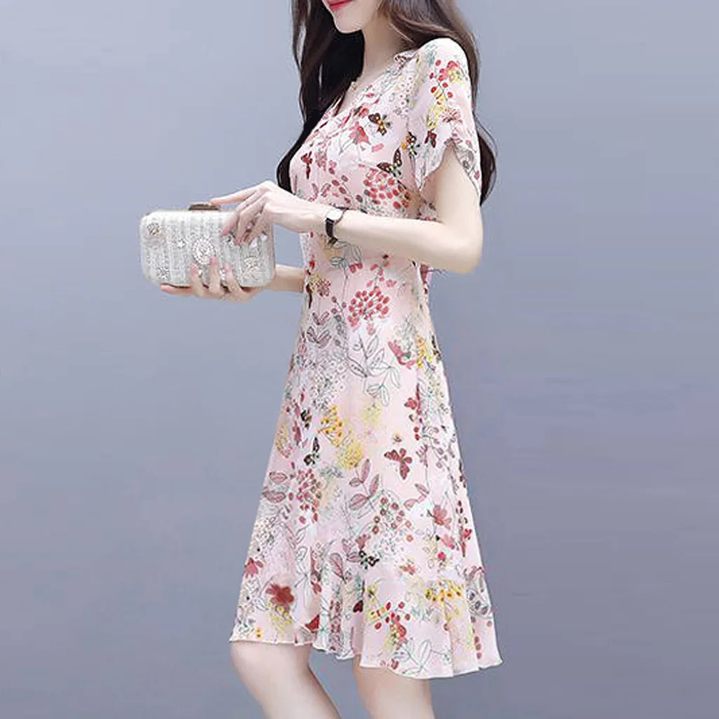 Модное повседневное женское мини-платье с круглым вырезом и коротким рукавом