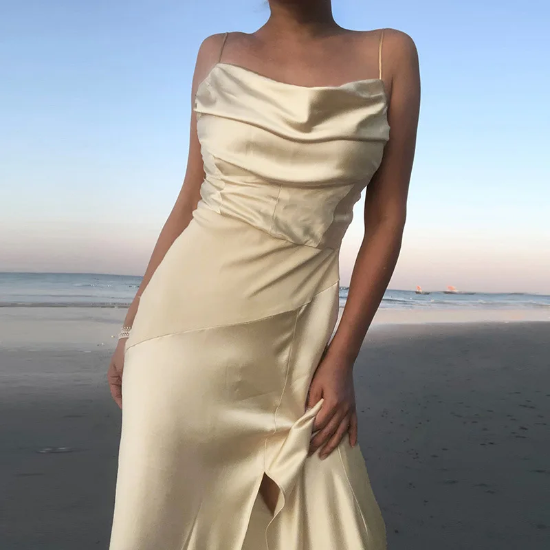 

Summer Women Sexy Sling Dress 2021 Fashion Girls Satin Sleeveless Long Dresses Split Female Solid Color Dresses Party Night