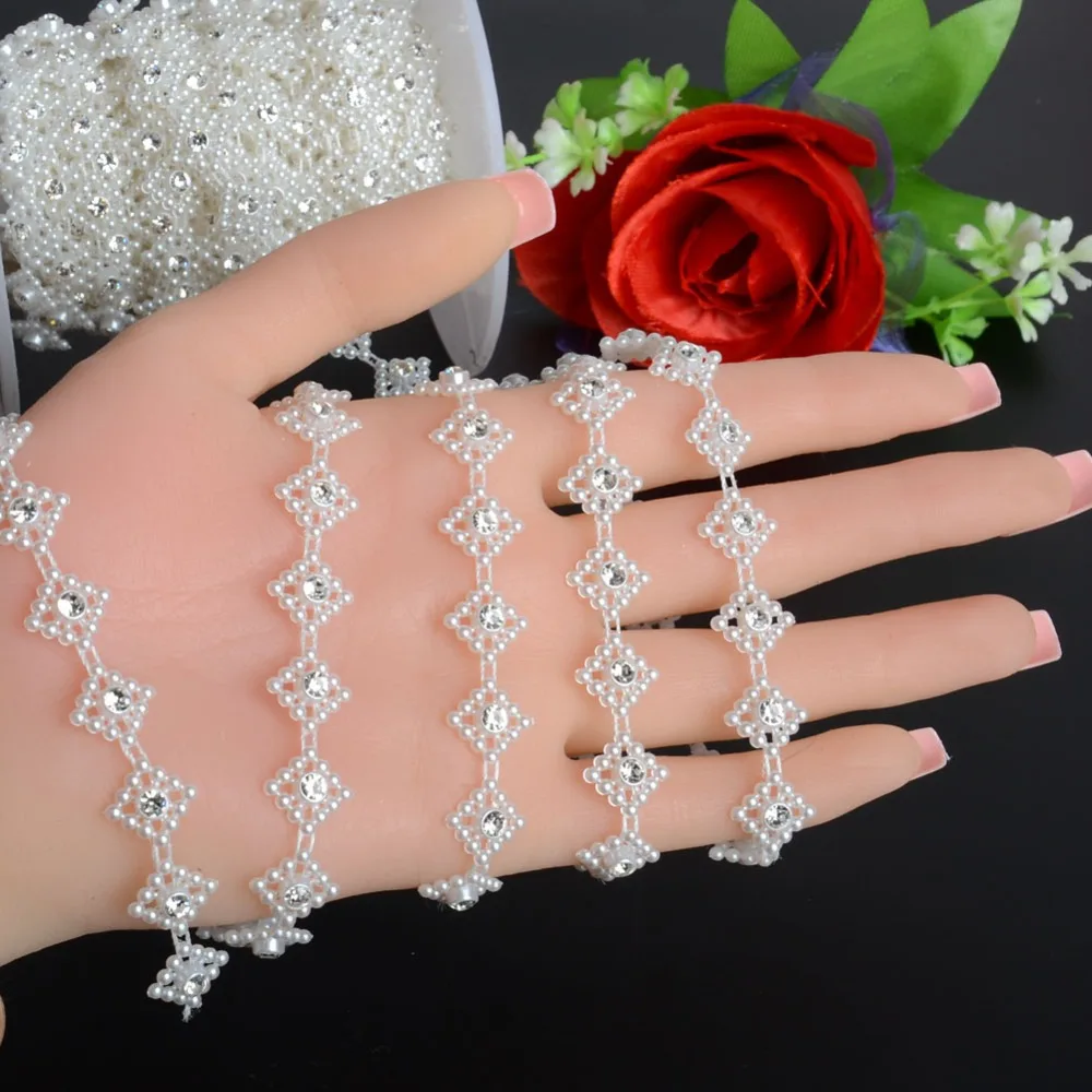BOLIAO 1 Yard 13mm (1/2&quot) Width ABS Imitation Pearl Beads Chain Trim and 5mm Round Rhinestones Wedding Party Decoration R2062 | Дом и сад