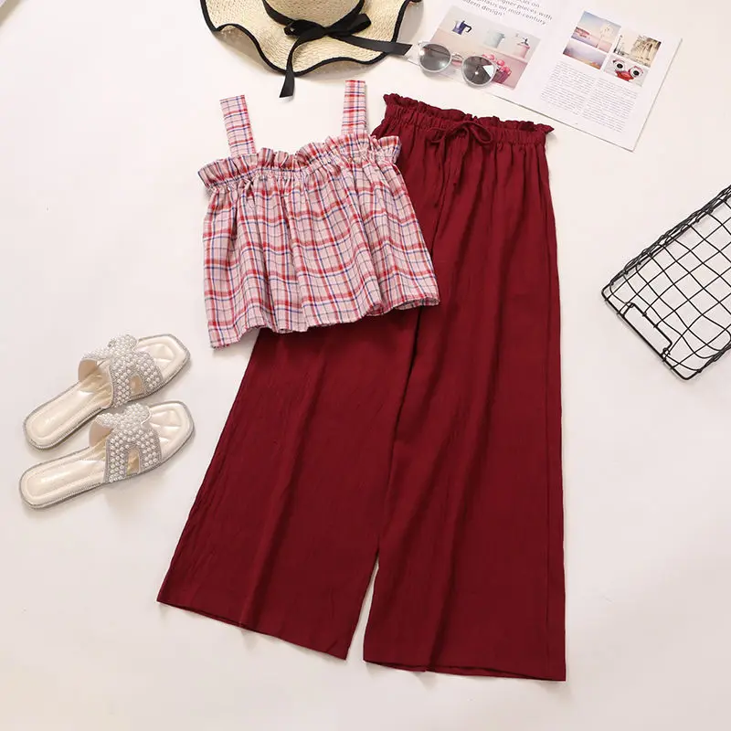 

Женский клетчатый костюм, короткий топ на бретельках и широкие брюки с высокой талией в Корейском стиле, модель y2k на лето, 2021