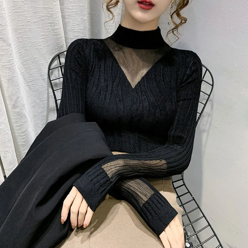 

Popular autumn and winter 2021 new black with half high neck lace knitted bottoms sweater women's top argyle sweater sweater