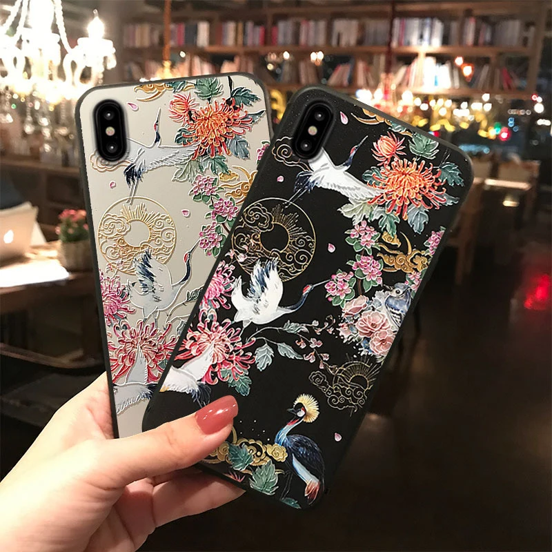 Чехол с 3D тиснением журавля для телефона iPhone X XS XR 11 12 13 14 Pro MAX 7 8Plus мягкие