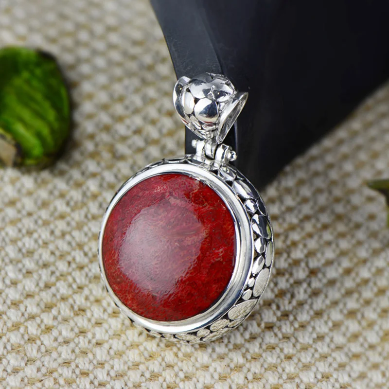 

Genuine Silver 925 Jewelry Pendant For Women With Natural Red Coral Stones Vintage For Sweater Chain Colgante Plata 925
