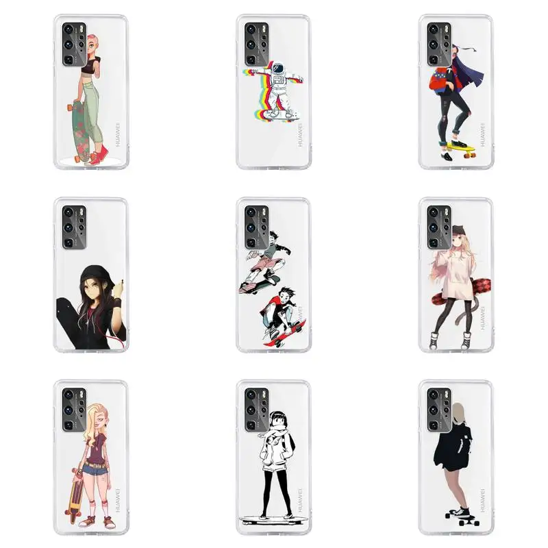 

Skateboard cartoon girl Phone Case For Huawei P40 P30 P20 Mate Honor 10i 30 20 i 10 40 8x 9x Pro Lite Transparent Cover