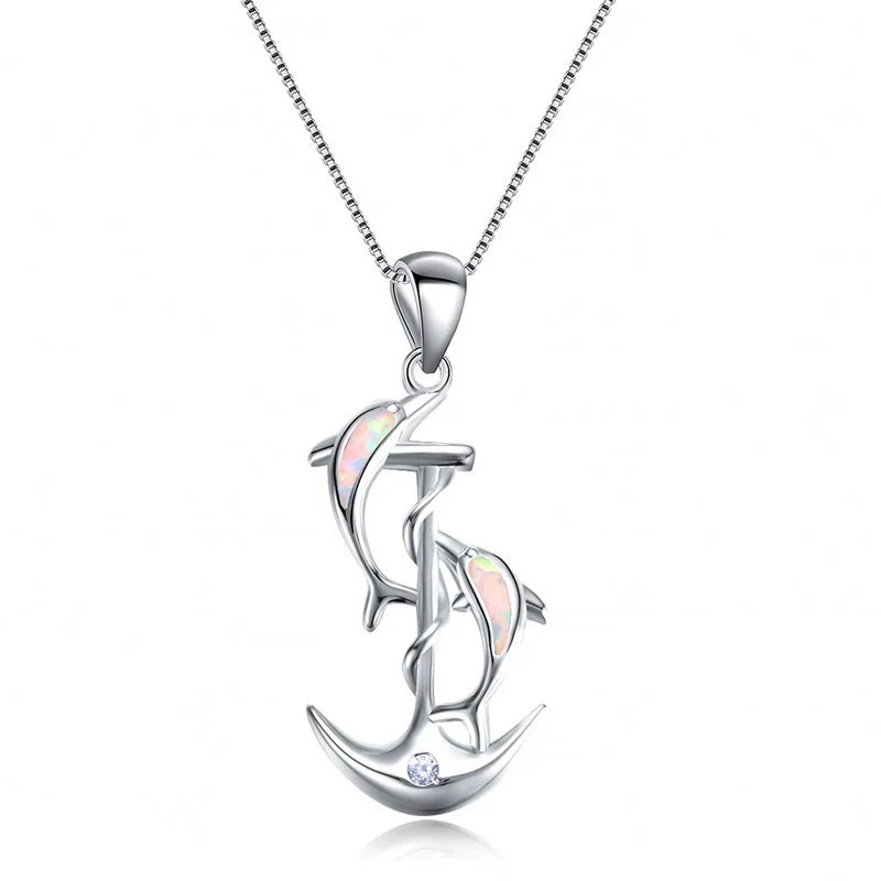 

New Women's Luxury Fashion Opal Dolphin Animal Necklace Pendant Bride Wedding Engagement Charm Jewelry Valentine's Day Gift