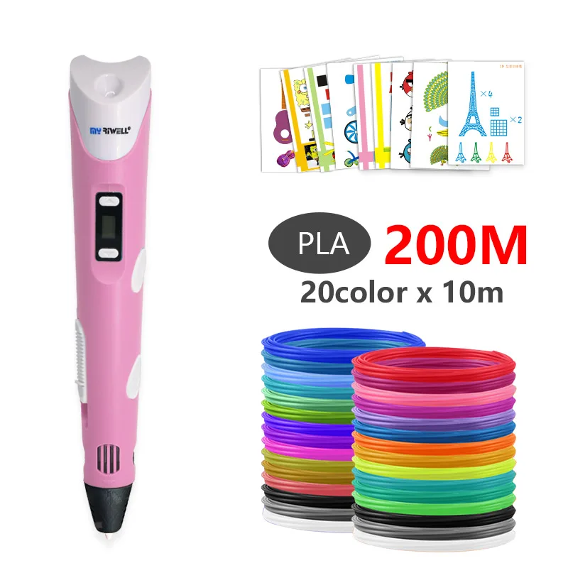 Pink with PLA 200m Myriwell abs 3d pen 3d pens 3d ручка 3д ручка 3d для объёмного рисования LCD дисплей,1.75мм pla пластик нить 3d печать ручка 3д ручку 3d ручка Сделай сам подарок детских подарков - Цвет: Pink with PLA 200m