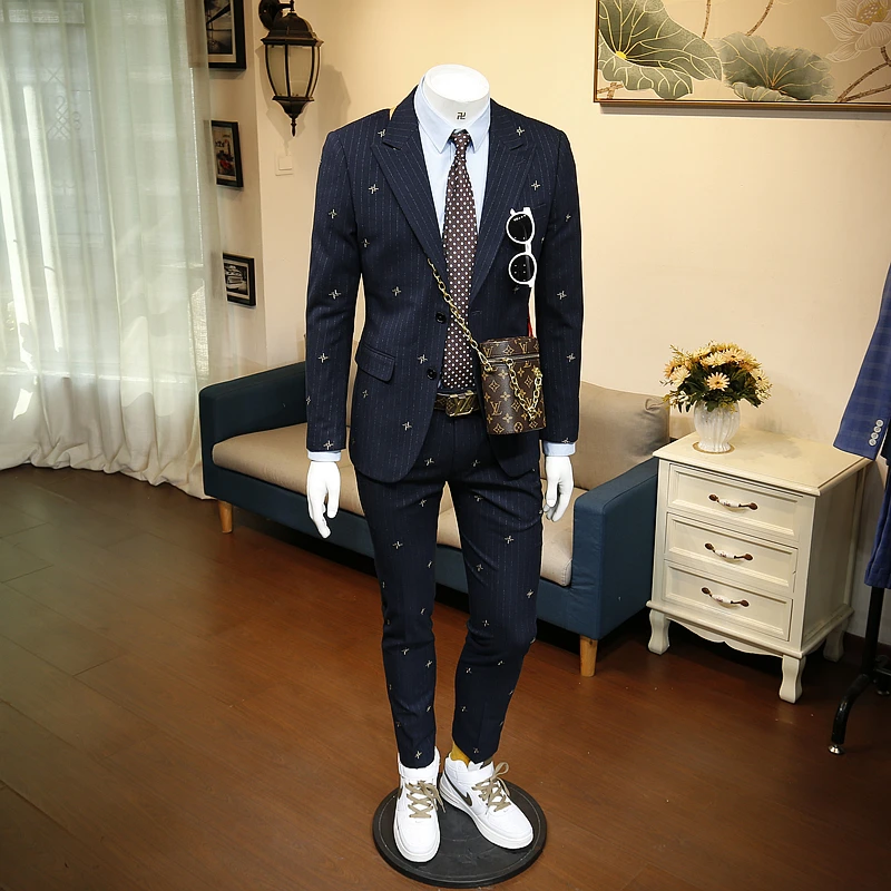 

XM geeki Autumn business single breasted formal dress slim fit handsome embroidered suit men's casual suit