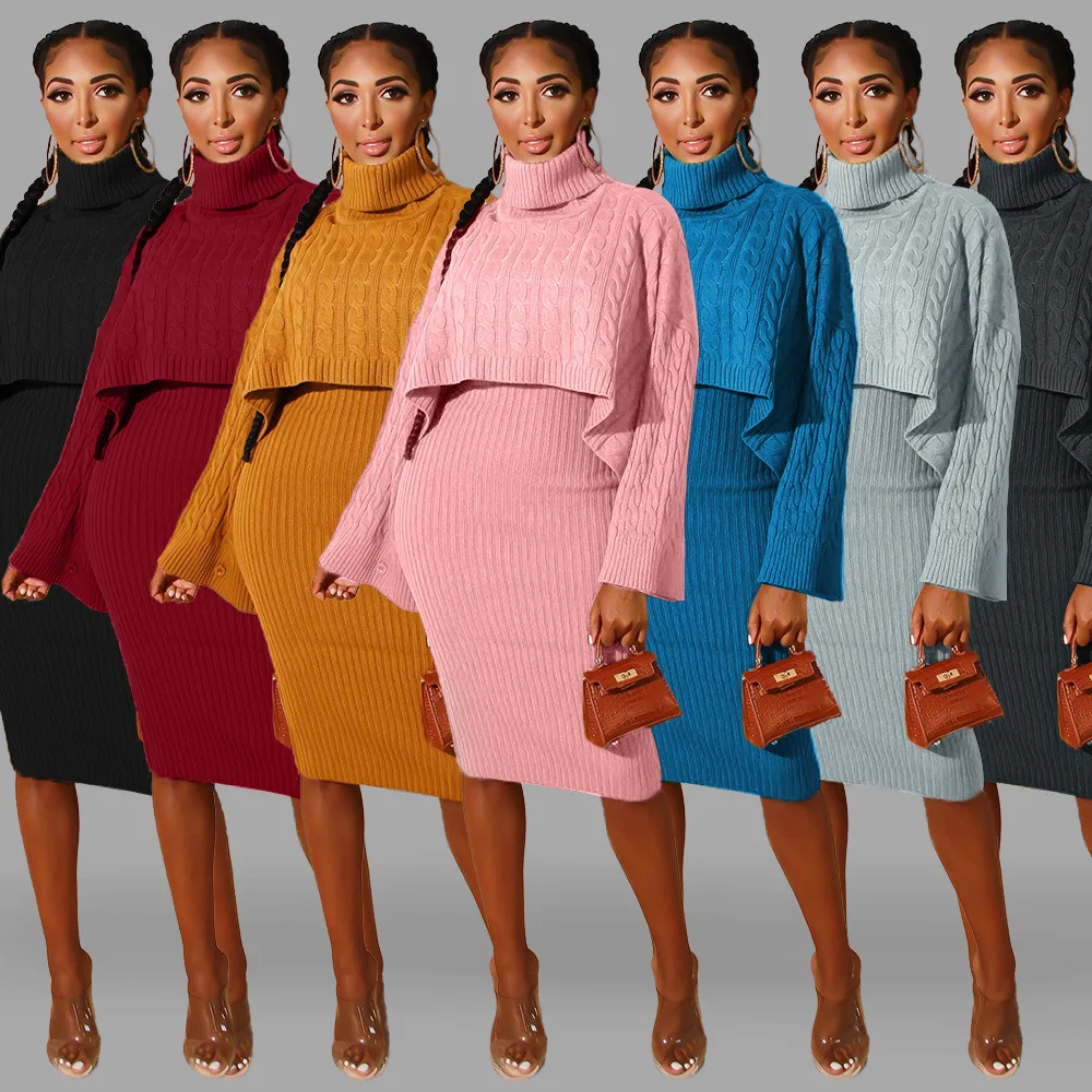 

Solid Color Knitted Clothes Women Pullover Turtleneck Knit Sweater Tops and Midi Skirts Two Pieces Sets Plus Size S-2XL