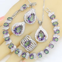 925 silver color jewelry sets for women multicolor rainbow zircon bracelet hoop earrings rings necklace pendant wedding gift box