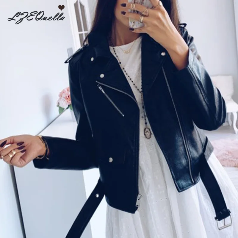 Женская байкерская куртка из мягкой искусственной кожи модная короткая Черная
