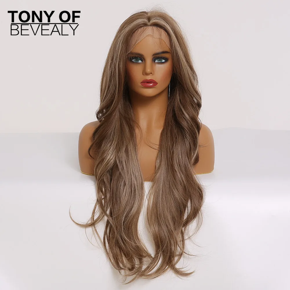 Длинные волнистые коричневые прямые кружева спереди Синтетические