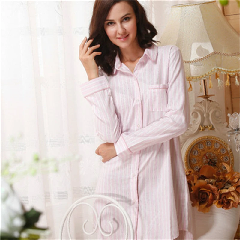 

2023 Brand Striped Cotton Nightgowns Sleepwear Female Sleep Lounge Women Indoor Clothing Sexy Pink Home Dress Nightdress H873