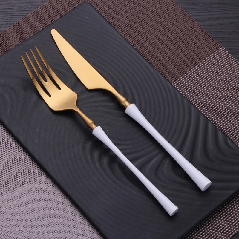 

Stainless Steel Cutlery White Gold Fork Spoons Knives Set Tableware Complete Dinner Kitchen Utensils Sets Teaspoons Dropshopping