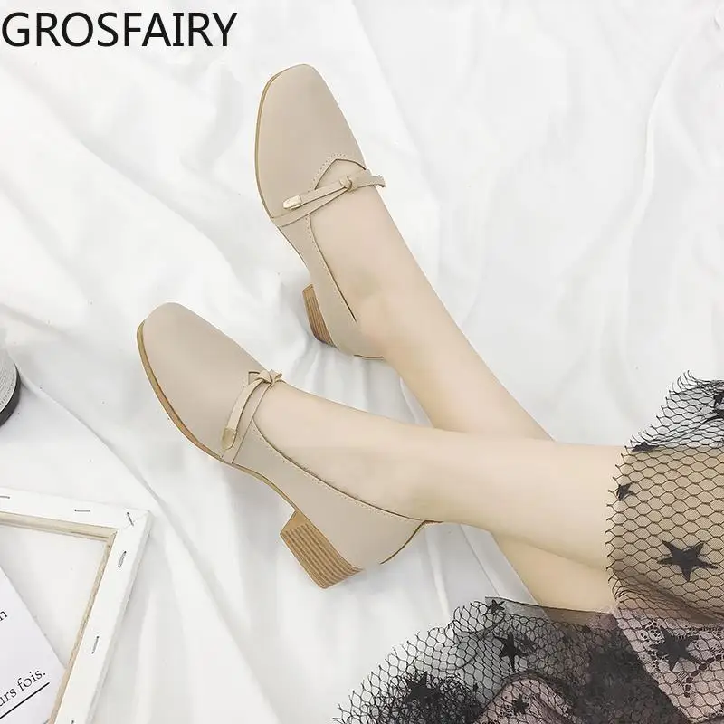 

2021 New Thick-heeled Grandma Shoes Mid-heel Retro Mary Jane Shoes Bow Autumn Square Head Shallow Mouth Single Shoes Women